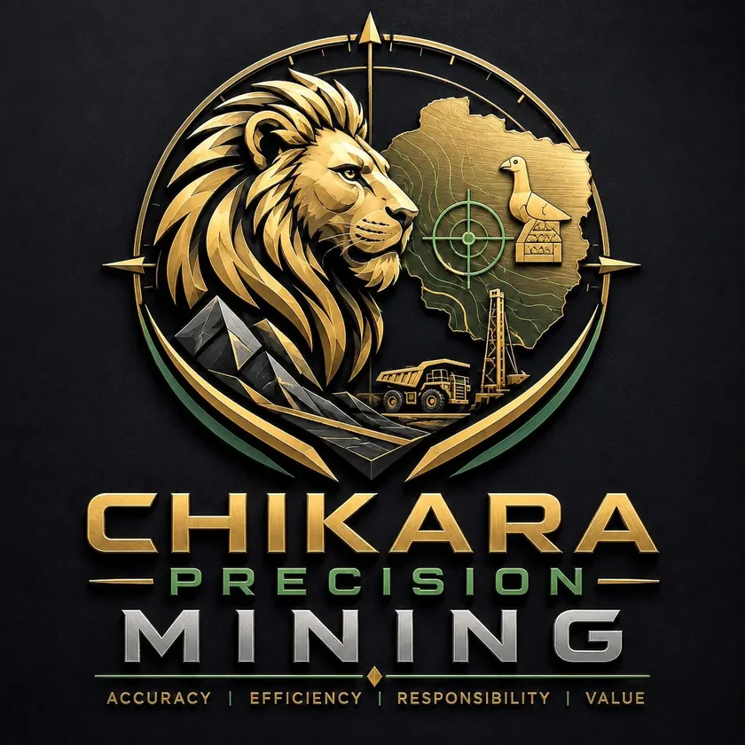 CHIKARA Precision Mining: a gold lion in front of a map of Zimbabwe, with a haul truck and a drill rig